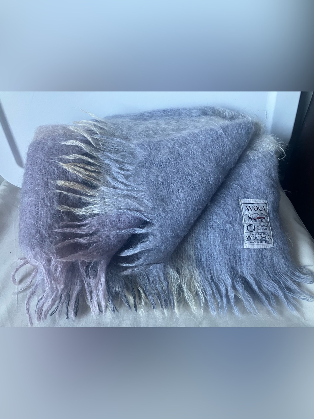 Vintage AVOCA Irish Ireland Mohair Wool Lap Throw Blanket Ireland Purple Plaid.